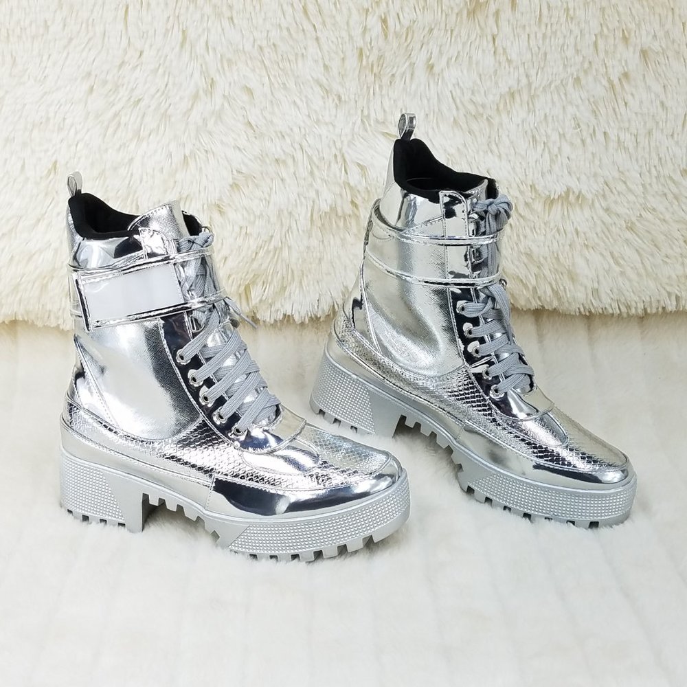 Silver Lug Sole Combat Ankle boots Lynn Size 5.5 US - Picture 7 of 11